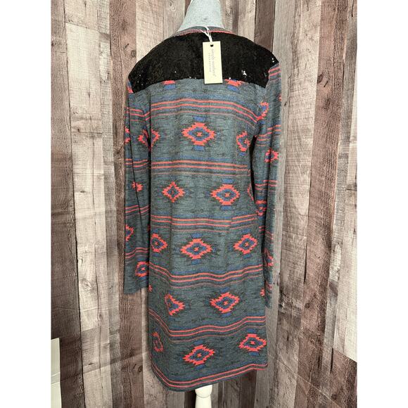 Simply Southern Black Sequined Red Grey Aztec Long Sleeve Dress Large NWT Gift - Picture 2 of 8